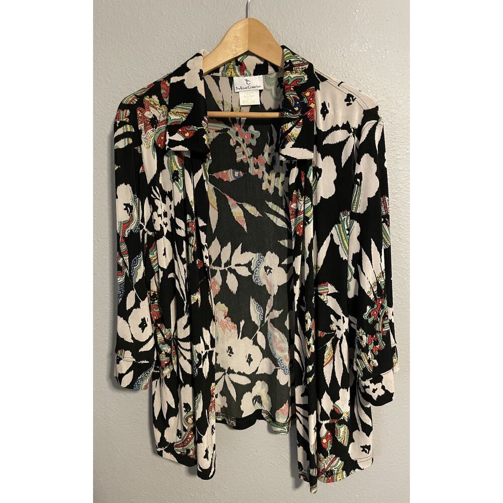 Vintage The Travel Collection Womens Cardigan 1X Black White Floral Slinky 90s